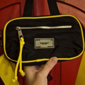 NWOT boohooMAN Crossbody Bag Carryall Black Yellow Double Strap Silver Hardware